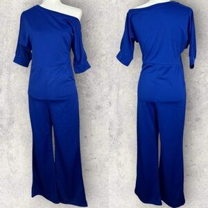 Blue Wide Leg Jumpsuit Womens Size Medium Button Shoulder Short Sleeve Side Zip‎